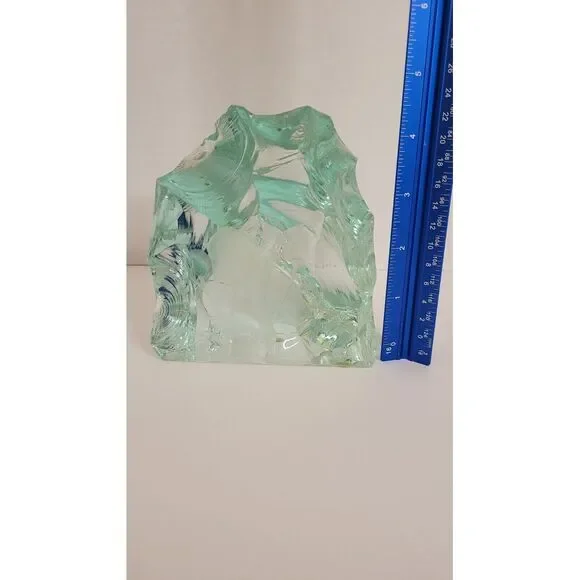 Vicke Lindstrand For Kosta Boda Blown Glass Block Blue Green Paperweight‎ Deer - Picture 11 of 16